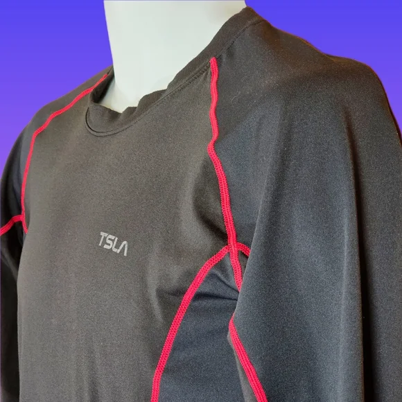 [Rare] TSLA Men's Black Red Long Sleeve Crew Neck Fitted Compression Shirt - Picture 6 of 6